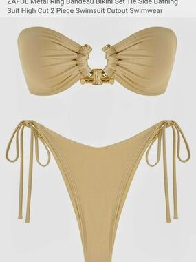 Zaful Gold Bandeau Bikini Set with Metal Ring & Tie Sides